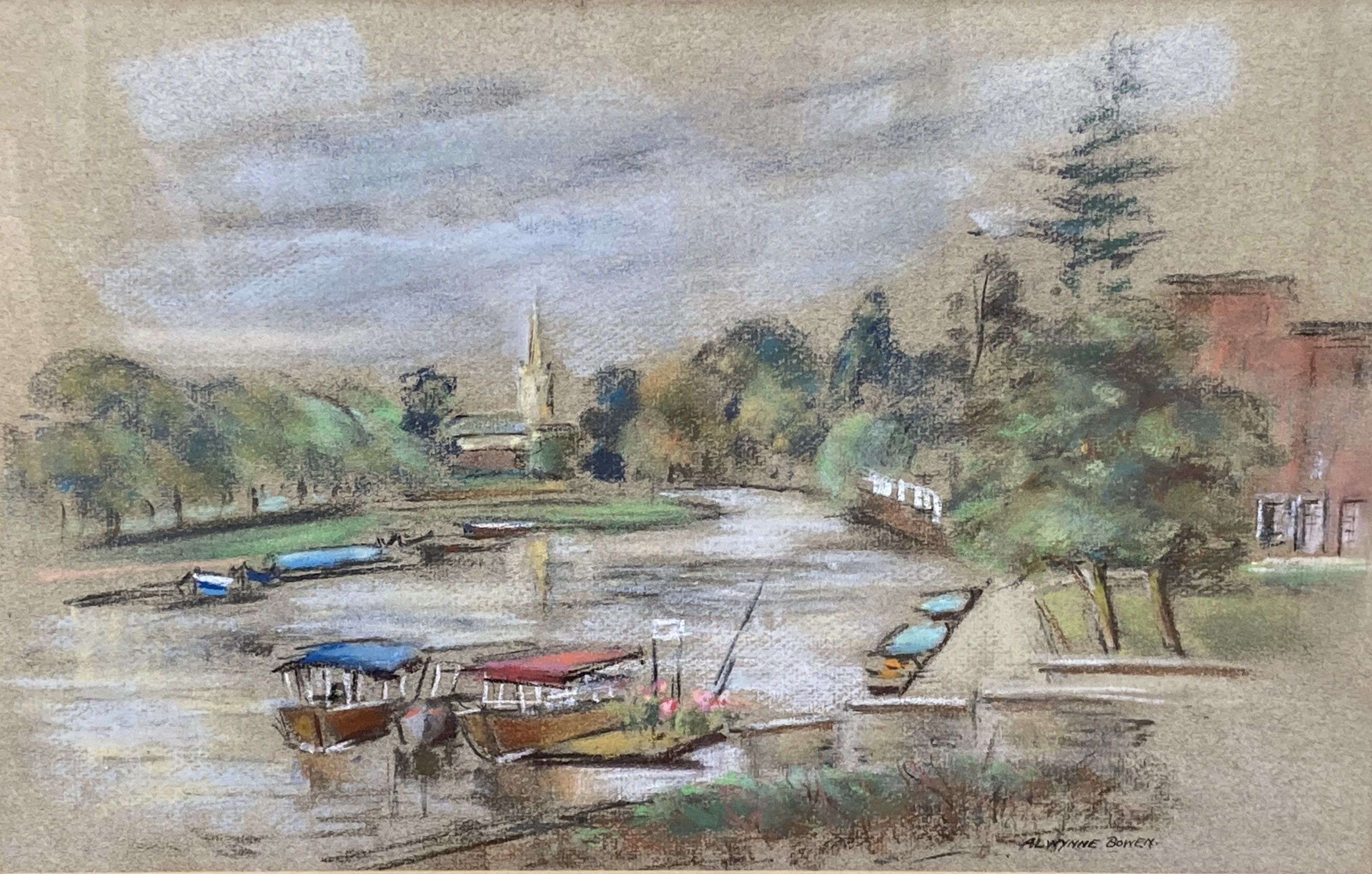 Alwynne Bowen, pastel, Holy Trinity Church from the River Avon, Stratford, signed, 26 x 41cm